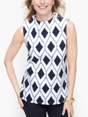 Talbots Sleeveless Diamond Print Shell Top - White & Navy